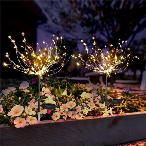 Solar Garden Lights Decor Waterproof 2 Pack Solar Firework 120 LED Fairy Lights - Picture 1 of 7